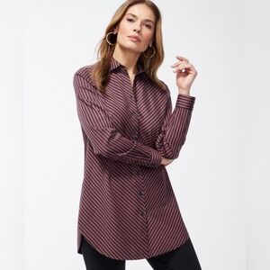 Chicos No Iron Stripe Tunic Top Size 2 US 12 Button‎ Up Oversized Office Career